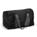 A black duffel bag with gray handles and a zipper closure is shown against a white background. The bag is made of crinkled fabric.