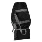 A black foldable travel bag with gray straps is displayed. The bag appears to be compact and portable, showcasing design and functionality suitable for easy carrying and storage.