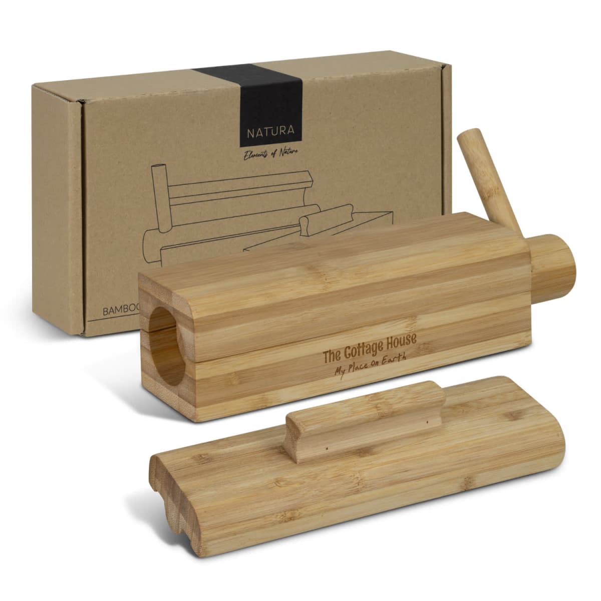 A bamboo butter churn set with a box packaging in the background. The set includes a cylindrical churn with a handle and a lid, featuring engraved text. The natural wood finish highlights eco-friendly design.
