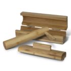 A set of bamboo massage tools, including a roller and a rocker, arranged on a white background. The roller has a cylindrical shape with a handle, while the rocker features a curved base for ergonomic massage use.