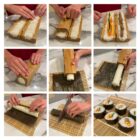 Step-by-step process of making sushi rolls: placing rice and fillings on a bamboo mat, rolling with nori, and slicing into sushi pieces. Hands are shown demonstrating each step on a marble surface.
