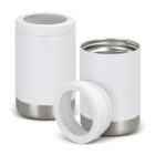 Two white insulated can coolers with stainless steel bottoms. One cooler is upright with a lid on, while the other is open with the lid placed next to it, revealing a metallic interior.
