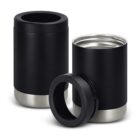 Two black stainless steel can coolers with silver bottoms are shown. One cooler has its lid removed and is placed next to it, exposing the shiny interior. The other cooler is fully assembled, standing upright.