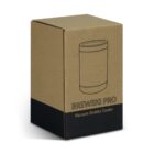 A cardboard box with a minimalist design showing a line drawing of a drink cooler. The text BREWSKI PRO and Vacuum Stubby Cooler are printed on the front. The box has a brown and black color scheme.