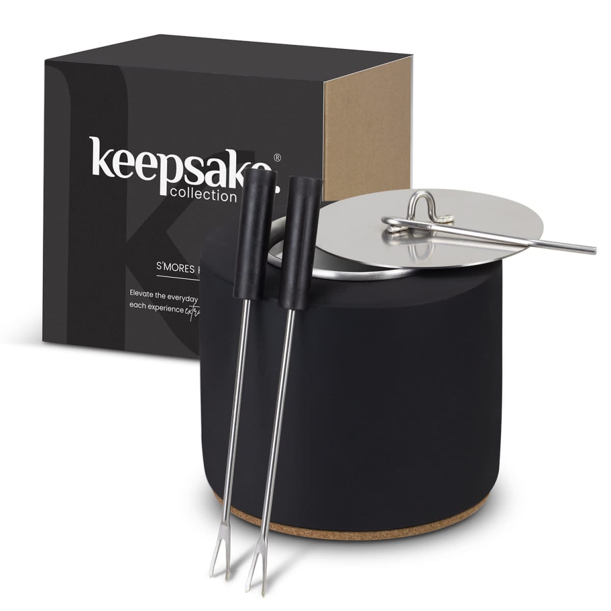 Black container with a silver lid, next to two metal roasting sticks with black handles. A black and brown box labeled keepsake collection stands behind them.