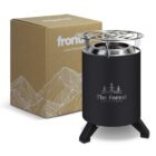 Portable outdoor stove with The Forest Adventure logo on a black body, featuring a metallic grill on top. Next to it is a brown box with mountain line art and the word front.