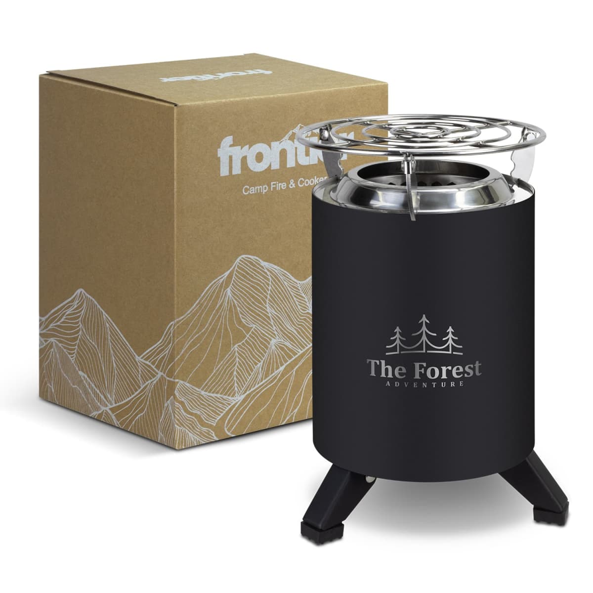 Portable outdoor stove with The Forest Adventure logo on a black body, featuring a metallic grill on top. Next to it is a brown box with mountain line art and the word front.