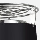 Close-up of a stainless steel kettle lid with a black casing. The lid has a spiral design and a latch mechanism visible on the side, set against a plain white background.