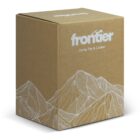 A brown cardboard box with a white line drawing of mountains. The text on the box reads frontier Camp Fire & Cooker.