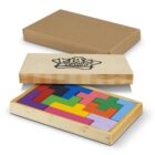 Wooden puzzle with colorful Tetris-like pieces and a box, lid partially open.