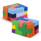 Two colorful wooden block puzzles with interlocking pieces in various shapes and colors.