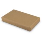 A closed, flat, rectangular brown cardboard box on a white background.