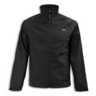 A black zip-up jacket with a high collar, featuring a subtle logo on the left chest. The jacket has long sleeves and appears to be made of a soft-shell material.