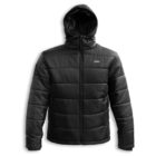 A black, puffy insulated jacket with a hood, featuring a front zipper and two side pockets. The jacket has a stitched logo on the chest and appears to be designed for cold weather.