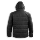 Back view of a black puffer jacket with a hood. The jacket features horizontal quilting and a matte finish. Set against a plain white background.