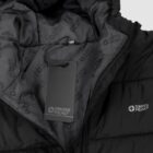 Close-up of a black puffer jacket with Swiss Peak logos on the chest and lining. A black tag is attached to the jacket by a thin string.