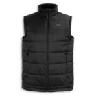 A black, sleeveless puffer vest with a front zipper and a subtle logo on the left chest. Its designed for warmth and style, featuring a high collar and horizontal quilted stitching.