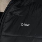 Close-up of a person wearing a black puffer jacket with a visible Swiss Peak logo on the chest. The jacket is slightly unzipped, revealing a glimpse of a black shirt underneath.