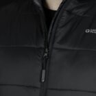 Close-up view of a person wearing a black padded jacket with a visible zipper. The jacket features a small logo on the right side. The fabric appears smooth and slightly shiny.