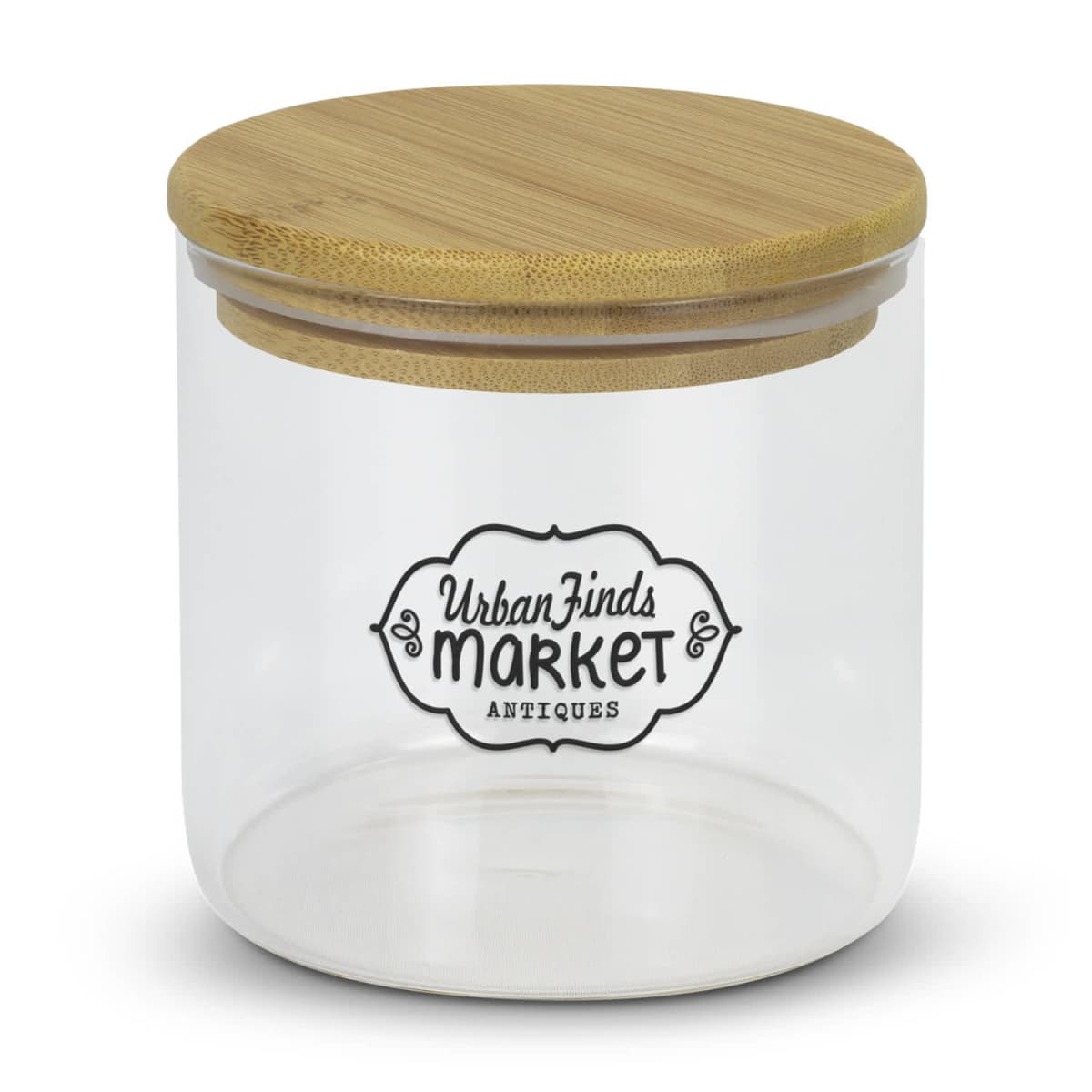 Clear glass jar with a wooden lid featuring the logo Urban Finds Market Antiques on the front. The jar is empty and displayed against a white background.