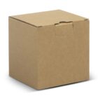 A plain, closed cardboard box with a simple design is placed against a white background. The box is cube-shaped and has a small flap on one side.