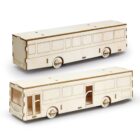 Two wooden model buses are shown. They are minimalist in design, with outlines of windows and doors etched into the wood. One bus is facing sideways, and the other shows the front and side view.