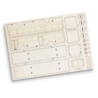 A wooden model kit panel with pre-cut pieces ready to assemble. The panel features outlines for various parts, including sections resembling a vehicle or structure with numbered segments and round connector pieces.