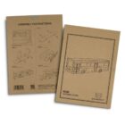 Cardboard packaging for a wooden bus model kit, featuring assembly instructions on one side and a bus line drawing on the other. BrandCraft logo in the corner.