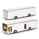 Two white cardboard bus models shown from different angles. One is viewed from the rear with cut-out windows and a visible interior, while the other is seen from above and the side, highlighting its detailed, minimalistic design.