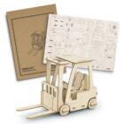 A wooden forklift model kit with laser-cut pieces and assembly instructions. The completed miniature forklift rests in front of an instruction sheet and panels labeled with part numbers.