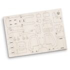 Wooden laser-cut sheet featuring various numbered pieces designed for assembly into a model. The sheet includes different geometric shapes and patterns, all arranged compactly on a rectangular wooden board.