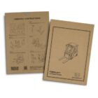 Two brown paper packages with illustrations of a miniature forklift model and assembly instructions. The front shows the assembled forklift, while the back displays step-by-step diagrams for building the model. Text labels it as Forklift Wooden Model.