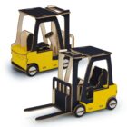 Two small, yellow and black wooden toy forklifts with detailed designs, showing front and rear views. Each features a steering wheel, open cab, and realistic fork lifting mechanisms.