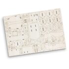 A rectangular wooden sheet with various laser-cut puzzle pieces, including circular, rectangular, and irregular shapes. The pieces are numbered and designed to be assembled into a model or structure.