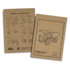 Two brown cardboard pages showing a wooden model kit for a mining truck. One page displays detailed assembly instructions with illustrations, while the other features a line drawing of the finished model with branding at the bottom.
