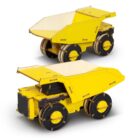 Two yellow toy dump trucks made of wood, featuring black wheels and simple geometric shapes. The trucks are positioned at different angles, showcasing their open cargo beds and construction-inspired design.