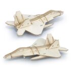 Two wooden model fighter jets are displayed in this image. The models have a natural wood finish, and are designed to resemble modern military aircraft with angular wings and stabilizers. The jets are positioned at different angles.