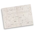 A wooden puzzle board with laser-cut parts for assembling a model airplane, featuring various shapes like wings, fuselage, and tail sections, numbered for guidance. The board is flat and light-toned.
