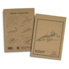 Two brown cardboard packages of a jet fighter wooden model kit. One package shows assembly instructions with numbered steps, while the other displays a line drawing of the jet fighter.