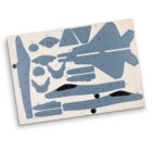 A wooden puzzle board featuring various interlocking pieces shaped like a fighter jet. The pieces have numbers and correspond to different parts of the aircraft, intended for assembly. The board is set on a white background.