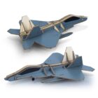 Two wooden model fighter jets are shown from different angles. They have a minimalist design, featuring a flat, geometric structure with a blue finish and visible grooves. The models are displayed on a plain white background.
