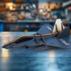 A small, detailed model of a fighter jet made from laser-cut wood is placed on a reflective surface. The background shows a workshop with various tools and equipment blurred out. The model is branded with the name paled.