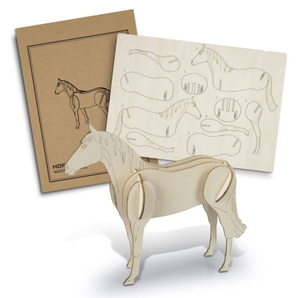 A wooden 3D puzzle of a horse with separate pieces on a template board, next to a brown instruction booklet showing an assembled outline of the horse.