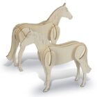 Two wooden horse models stand side by side, showcasing their detailed, layered construction. The natural wood color and simple design highlight the craftsmanship of the models.