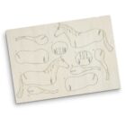 Wooden puzzle board with pieces to assemble a horse, including separate parts for the body, head, legs, and tail. Each piece is numbered and features outlined cuts for assembly.