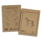 Two brown cardboard sheets with black illustrations and text. One shows a diagram of a wooden horse model, while the other displays assembly instructions with drawn steps and parts. The packaging is branded Brandcraft.