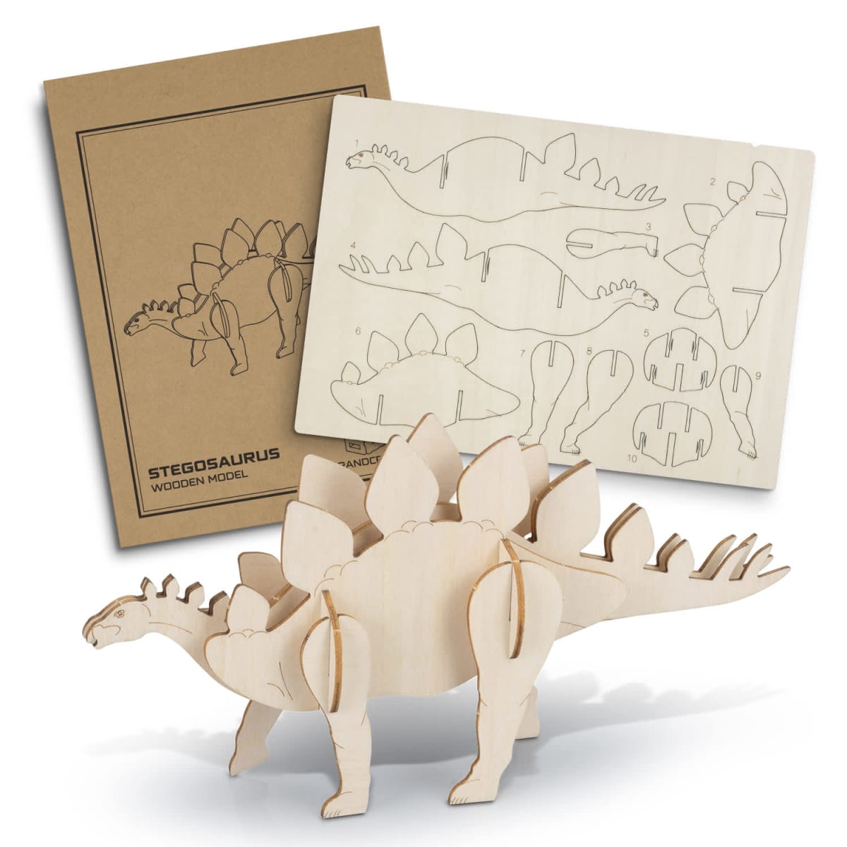 Stegosaurus wooden model kit with assembly instructions and wooden sheets containing punch-out dinosaur pieces. The completed model stands in the foreground.
