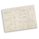A wooden puzzle board with pieces in the shape of a stegosaurus. The pieces include body parts such as the tail, legs, and plates. Each piece is outlined with numbers for assembly guidance.