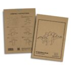 Two cardboard sheets with assembly instructions for a Stegosaurus wooden model. One sheet shows step-by-step assembly diagrams; the other has an outline of a Stegosaurus and branding.