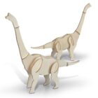 Two wooden dinosaur models with long necks and tails, standing upright. They appear to be unpainted and are positioned in slightly different poses on a plain white background.